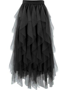 Women's Black High Waist Layered Tulle Mesh Ruffle Asymmetric Midi Tutu Skirt